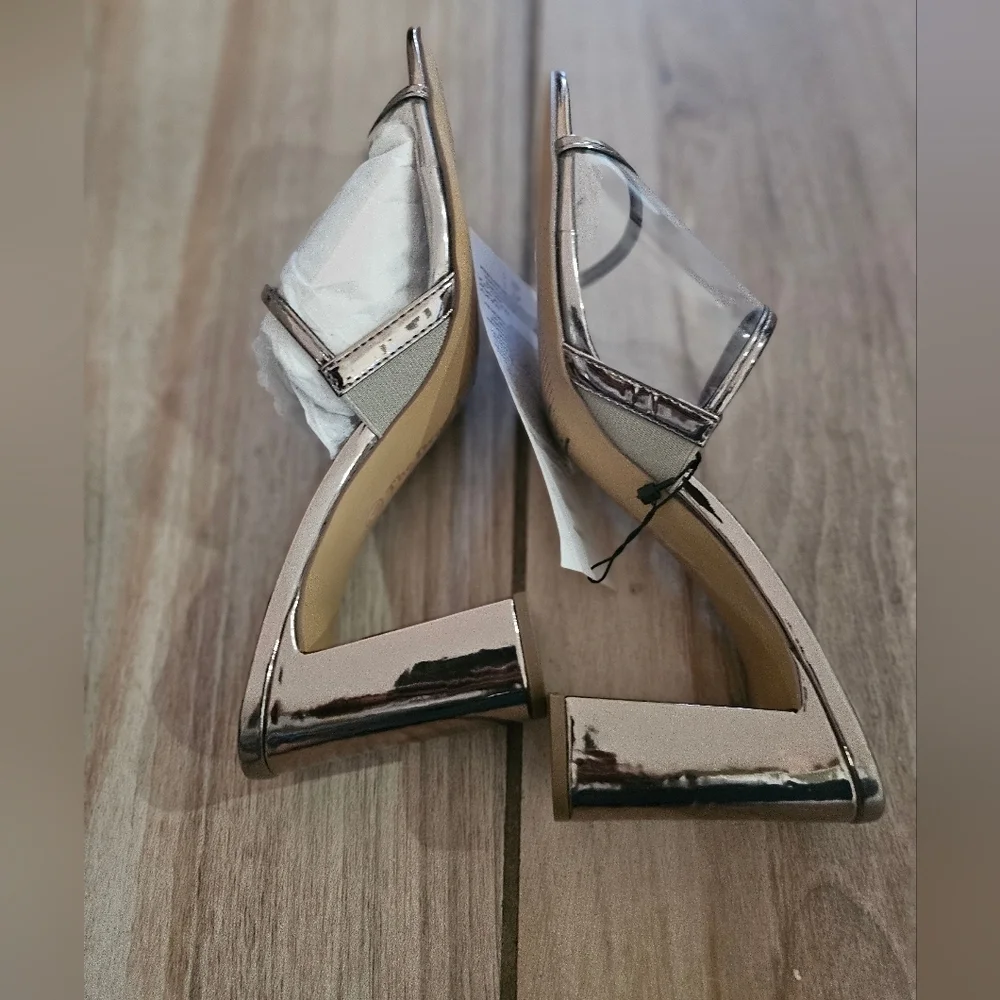 The Drop Clear Strap Block Heel Sandals Sz 10 Pewter Metallic Square Toe Mule.